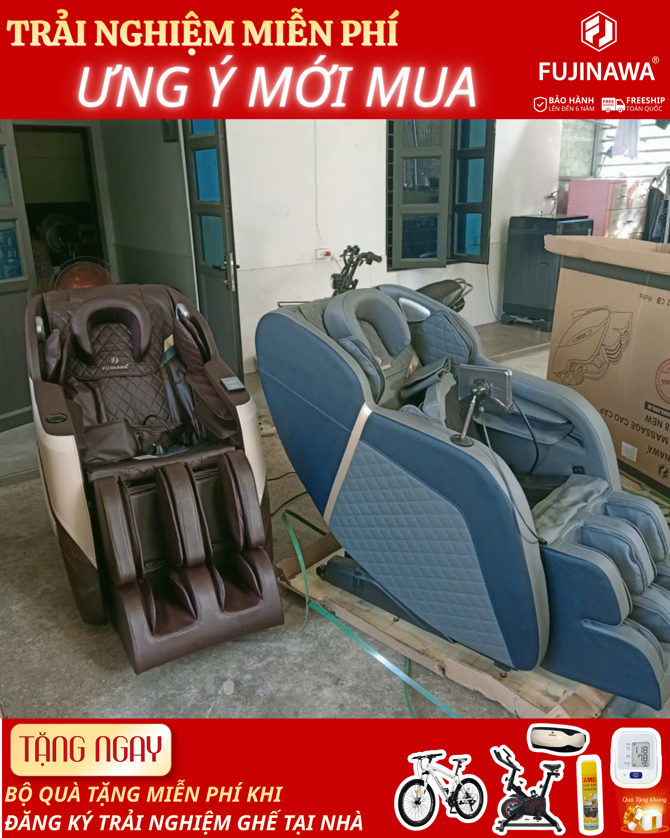 Lễ bàn giao ghế massage — khách hàng ngồi trải nghiệm tại nhà